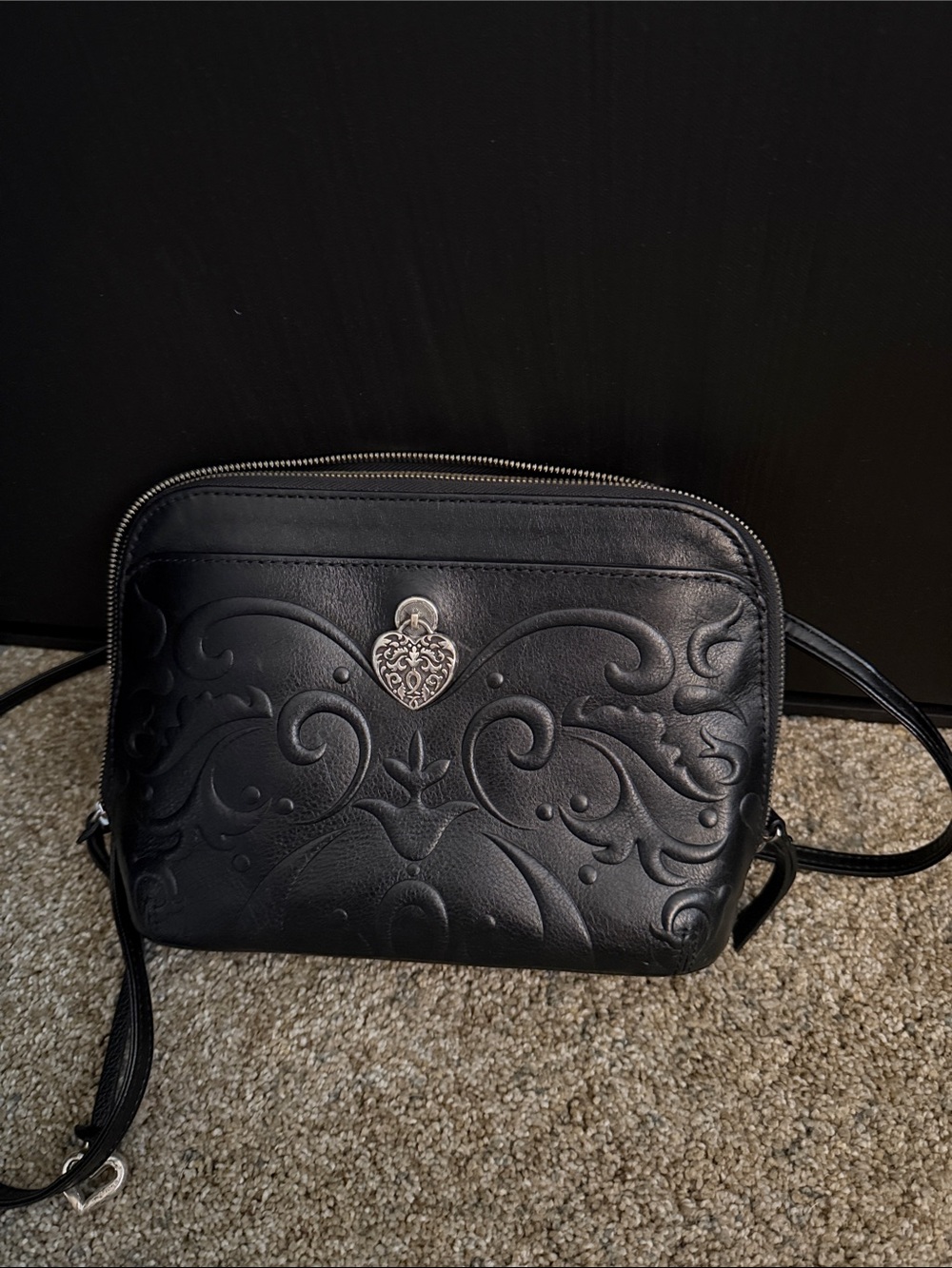 Brighton Black Embossed Leather Crossbody with Silver Heart Accent